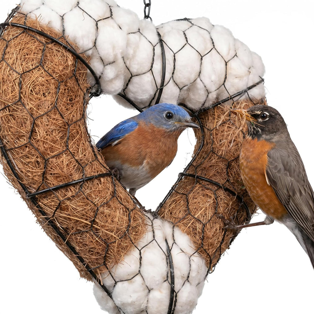Bird Nesting Material Holder, Heart Shaped Hanging Bird Nesting Material for Wild Birds, Metal Holder with Natural Cotton & Coconut Fiber, Cottagecore Garden Decor for Bluebirds Chickadees Finches