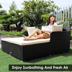 COSTWAY Outdoor Patio Rattan Daybed, Sponge Cushioned Loveseat Sofa with 4 Pillows, Wicker Furniture Sunbed for Balcony, Courtyard (Beige)
