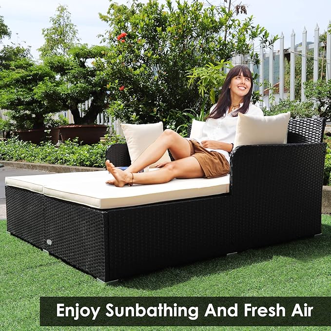 COSTWAY Outdoor Patio Rattan Daybed, Sponge Cushioned Loveseat Sofa with 4 Pillows, Wicker Furniture Sunbed for Balcony, Courtyard (Beige)