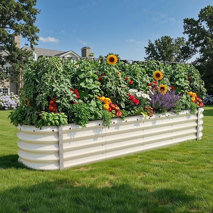 YITAHOME 17" Tall 9 in 1 Raised Garden Bed Kit,96x24 in Large Galvanized Metal Planter Box with Gloves & Safety Rubber, Outdoor Flower Bed for Plants Vegetables Flowers, White