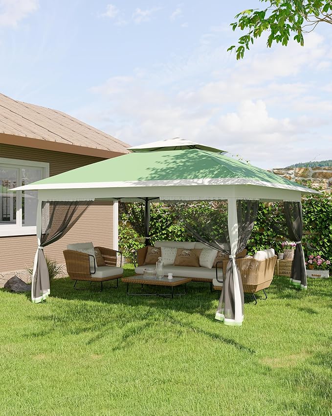 Canopy Tent 13x13 ft, Pop Up Gazebo One-Push Setup with 4 SandBags for Backyard Parties and BBQs, Mosquito Netting & Height Adjustable - Olive Green