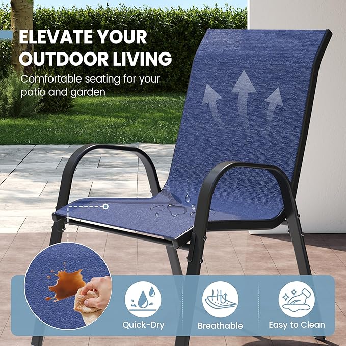 Patio Dining Chairs Set of 8, Outdoor High Stacking Chairs，Breathable Seat Fabric and Alloy Steel Frame for Backyard, Porch, Garden, Sunroom (Blue)