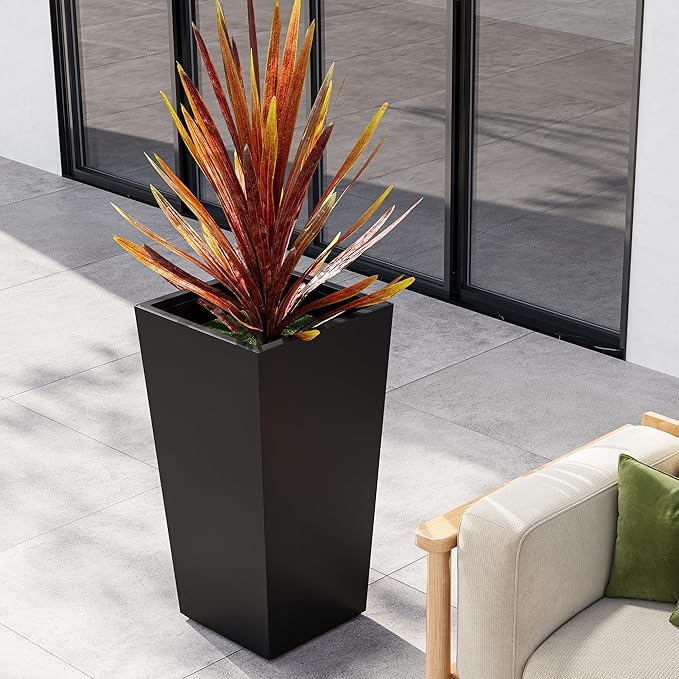 Garvee 30" Tall Planters Set of 2, Outdoor＆Indoor Black Planter Pots, High Front Porch Planter Pots with Drainage Holes＆Water Level Monitor＆Inner Bucket,Black