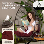 SereneLife Hanging Egg Chair w/Stand - Wicker Rattan Swing, Padded Cushion | Foldable Design, Weather-Resistant Cushion & Padded Headrest Included, 350 lb Capacity, Great for Patio, Backyard & Bedroom.