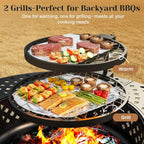 43" fire pit, firepit with adjustable 2 grills, front angle view