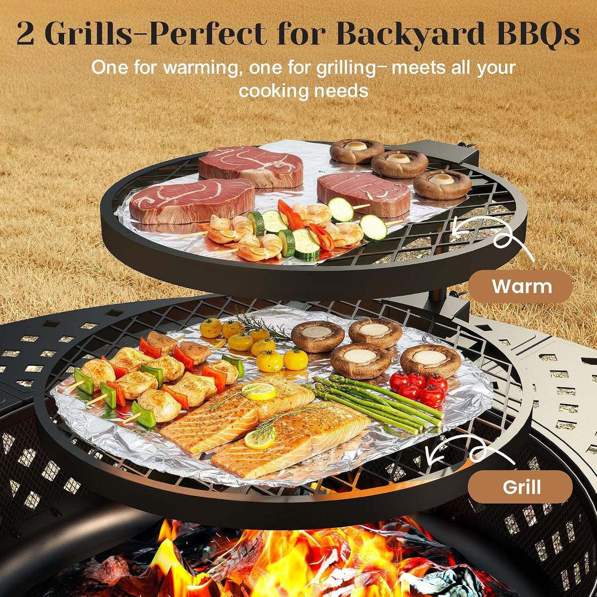 43" fire pit, firepit with adjustable 2 grills, front angle view