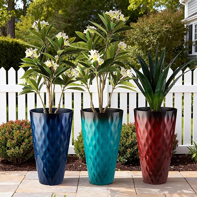 Glitzhome 23.75" H Oversized Tall Planter, Set of 2 Wavy Texture Turquoise Large Planters for Outdoor Plants, with Drainage Hole, Plastic Large Flower Pots for Porch,Garden, Patio or Indoor Use