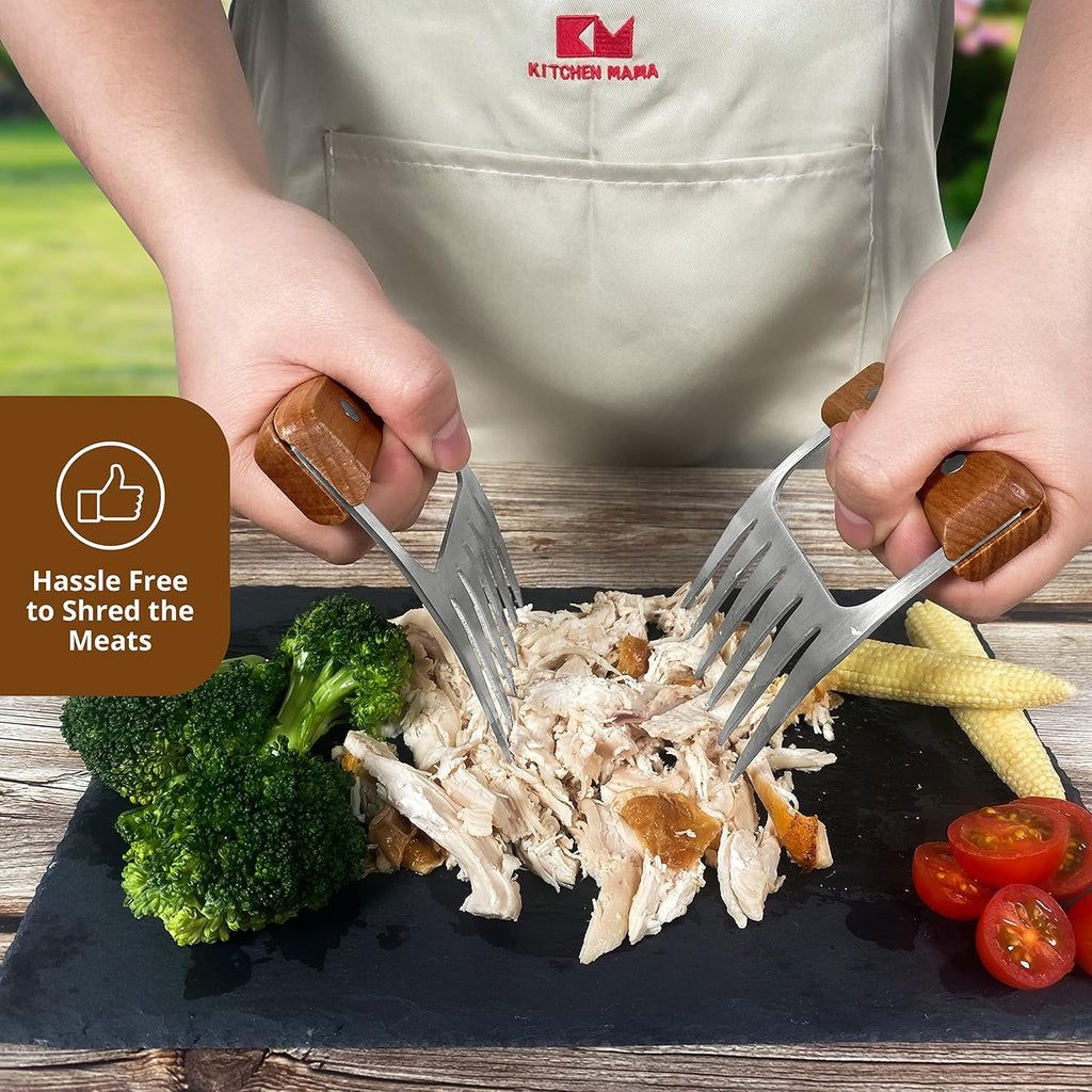 Kitchen Mama Meat Claws, Stainless Steel with Wooden Handle, 1 Pair | BBQ Shredder Claws, For Pulling Pork, Chicken, Beef, Turkey, Perfect for Grill Masters