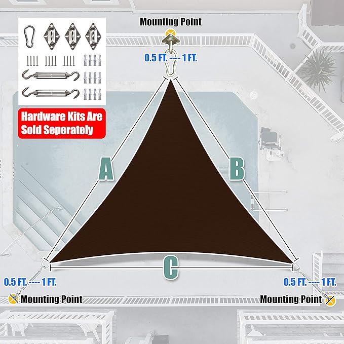 Amgo 14' x 14' x 14' Brown Triangle Sun Shade Sail UPF50+ Canopy Awning AGSLT, 95% UV Blockage, Water & Air Permeable, 200GSM Heavy Duty Commercial and Residential (We Make Custom Sizes)