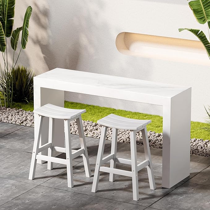 Outdoor Bar Stools Set of 2, Waterproof Barstools, Easy to Clean and Care, for Bar, Kitchen Counter, Deck, and Patio, White