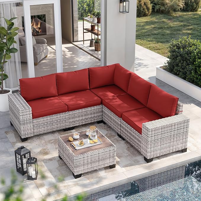 12-Piece Outdoor Patio Furniture Set Wicker Sectional Sofa Set, Patio Conversation Set with Thickened Cushions & Coffee Table for Garden, Backyard, Poolside, Red