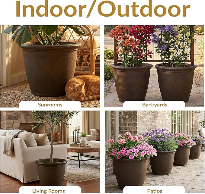Sunnydaze 20-Inch Anjelica Large Plastic Pot for Plants - Outdoor Double-Walled Large Plastic Planter with Drillable Drainage Holes - Rust