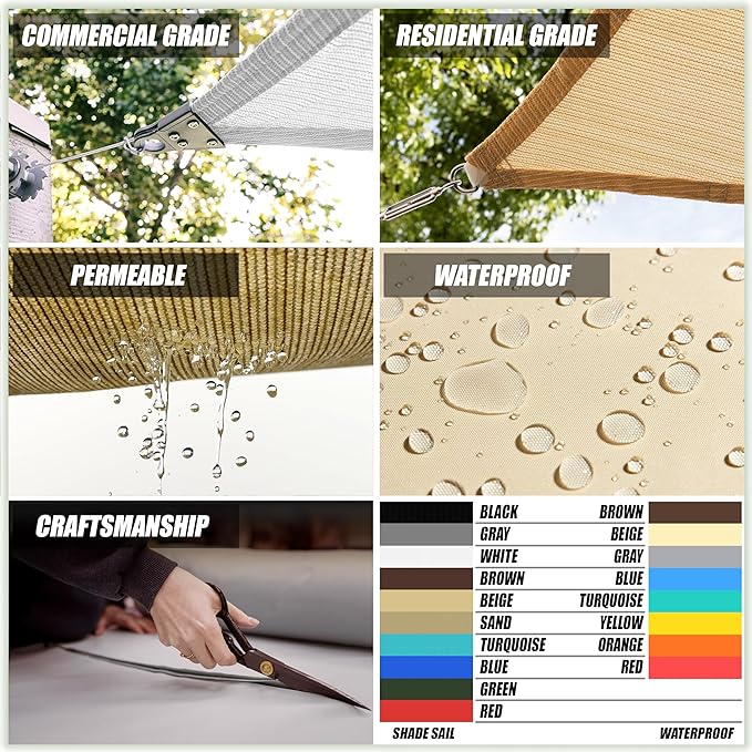 ColourTree TAPR1616 Custom Size 6' x 10' Black Sun Shade Sail Canopy UV Block UPF50 Rectangle - Commercial Standard Heavy Duty - 190 GSM - 3 Years Warranty