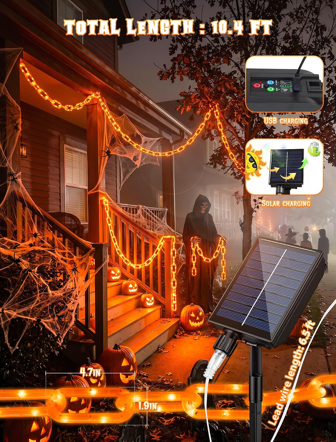 Solar Halloween Chain Lights, 10.4 FT 175 LED Orange Plastic Chain | String Lights with Remote, Waterproof Outdoor Spooky Glowing Halloween Decorations for Yard, Graveyard, Haunted House, Party