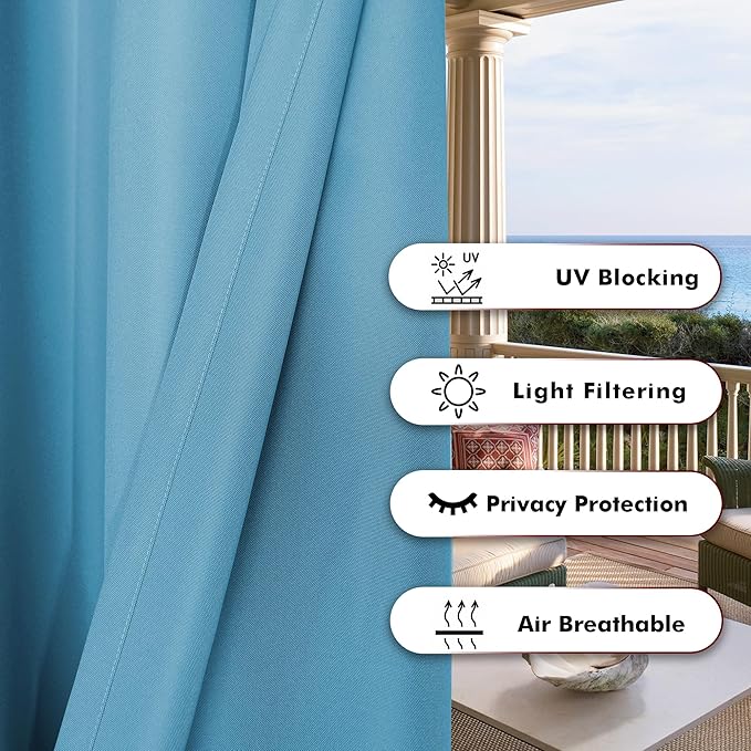 BONZER Outdoor Waterproof Curtains for Patio Privacy Grommet Light Filtering Outside Curtains for Gazebo, Porch, Pergola, Pavilion, 1 Panel, 84W x 108L inch, Teal