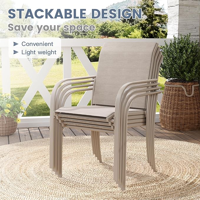VICLLAX Patio Dining Set for 6, Outdoor Furniture Set Includes 63" Rectangle Patio Table and 6 Patio Sling Chairs, Outdoor Table and Chairs for Outsides, Sandshell Color Tabletop and Fabric