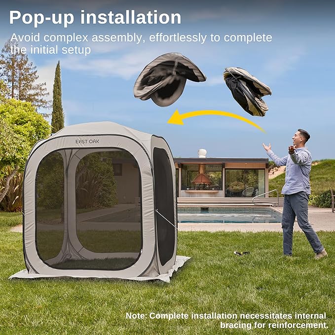 East Oak Screen House Tent Pop-Up, Portable Screen Room Canopy Instant Screen Tent 6 x 6 FT with Carry Bag for Patio, Backyard, Deck & Outdoor Activities, Beige