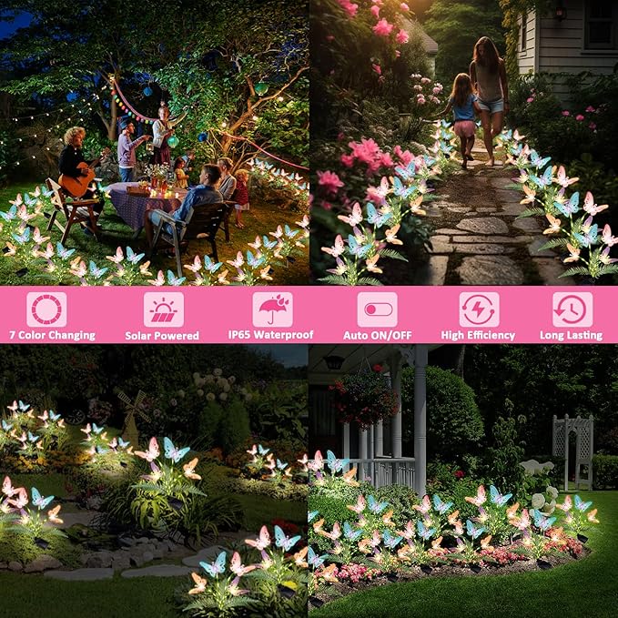 Solar Garden Lights 4 Pack Waterproof Decorative Solar Lights Outdoor with Glowing Stems,7-Color Changing ‎Fiber Optic Butterfly Light for Outside Yard Lawn Garden Decor, Gifts for Women
