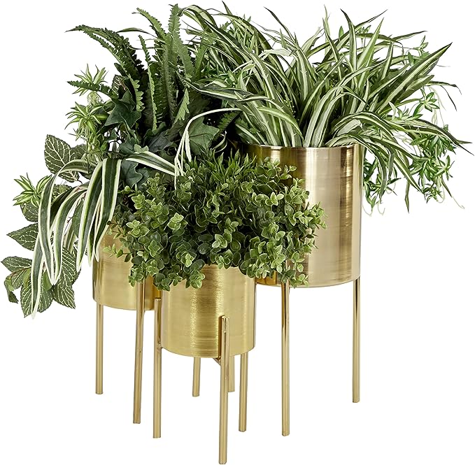 Deco 79 Metal Indoor Outdoor Planter Large Planter Pot with Removable Stand, Set of 3 Planters 18", 14", 12"H, Gold