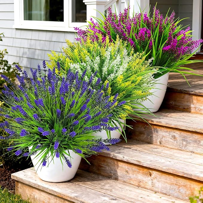 Artificial Plants Outdoor, 22 Pcs Fake Flowers UV Resistant Outdoor Artificial Lavender Flowers, Plastic Faux Plants for Porch Garden Planter Yard Window Box