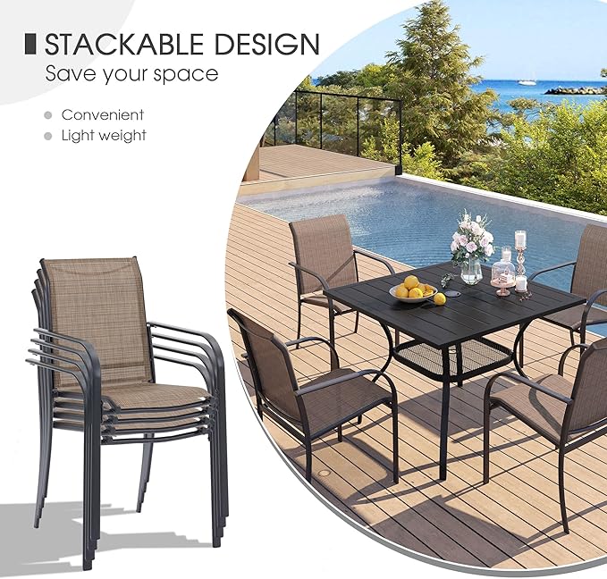 VICLLAX 3 Pieces Patio Dining Set for 2, Outdoor Furniture Set Includes 1 Small Patio Table and 2 Stackable Patio Sling Chairs, Patio Bistro Set for Outsides, Walnut Table and Brown Chairs