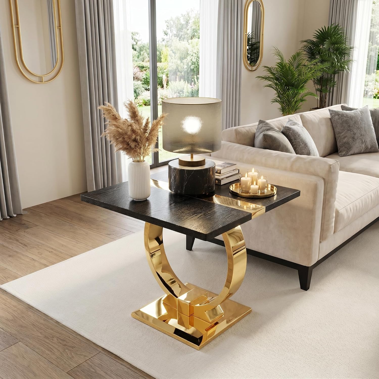 Asday 23” Black and Gold End Table, Modern Square Wood Side Table with Polihsed Metal U-Base for Living Room Bedroom Office, Small Places, Apartment
