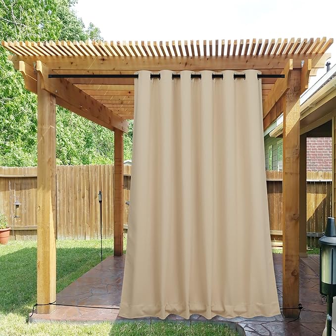 NICETOWN 2 Panels Weighted Blackout Curtains for Patio Waterproof, Top & Bottom Grommet & Back Tab Fixed Outdoor Curtains Windproof Drapes Thermal Insulated for Porch, W84 x L95, Biscotti Beige