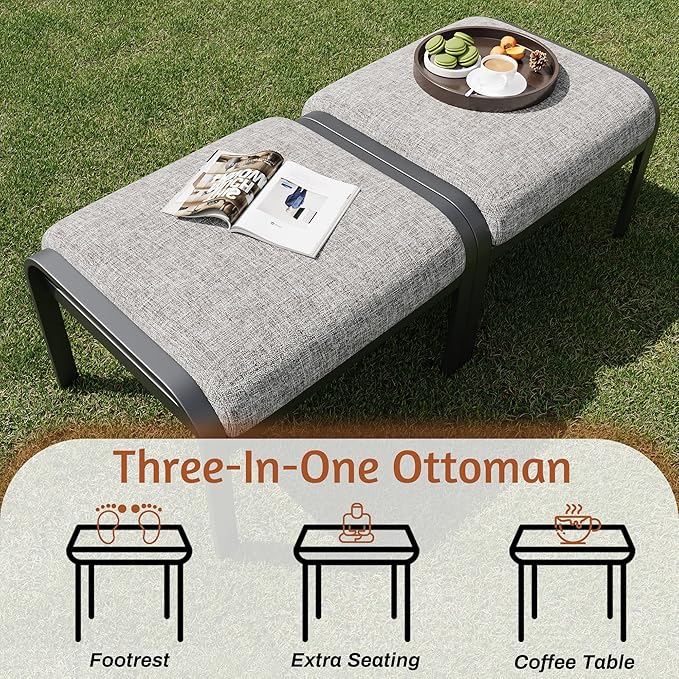 HOMREST Metal Outdoor Ottoman, 3-Piece Aluminum Footstool w/Removable Cushion, Multipurpose Footrest Stool with Coffee Side Table Additional Seating, Set of 3 Outdoor Ottomans for Patio Deck (Grey)