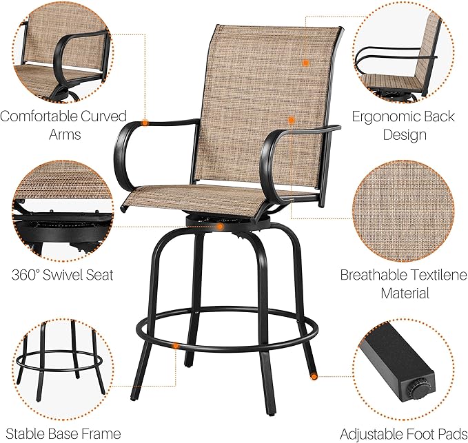 Yaheetech Patio Swivel Bar Stools Outdoor Chairs Set of 2 Outdoor High Bistro Stools Outdoor Furniture, All-Weather Patio Stools for Outside, Beach, Lawn, Poolside and Garden, Black/Brown