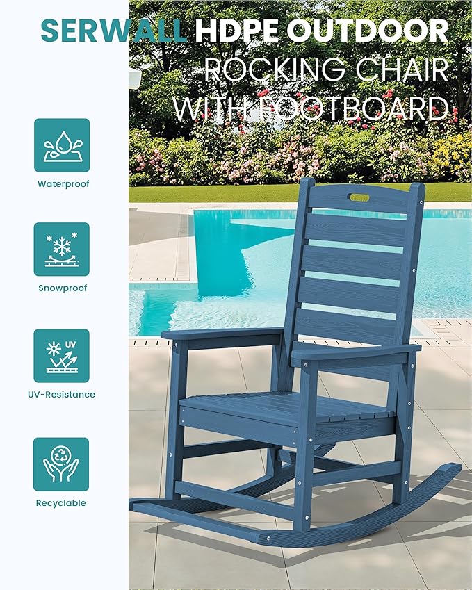 SERWALL Outdoor Rocking Chair Set of 4, Oversized HDPE Patio Rocking Chair with Footrest for Adults, All Weather Porch Rocker for Deck Patio Balcony, Navy