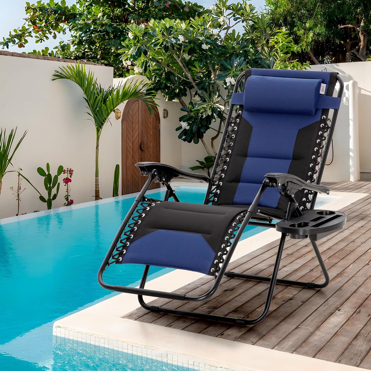 Padded Outdoor Zero Gravity Chair Set of 2, Cup Holder, 28in Seat, Blue | Foldable Outdoor Lounger, Detachable Cup Holder, 28in Seat, 400 LBS Weight Capacity, Equipped with Armrest