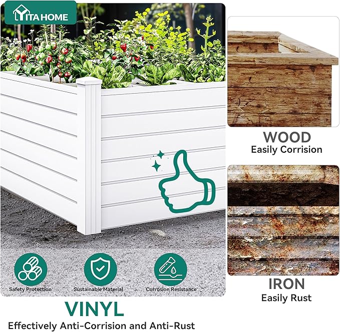 YITAHOME 4x4x2 FT Plastic Raised Garden Bed Kit, Large Outdoor Above Ground Planter Box with Growth Grid for Plants, Vegetables, and Flowers, Easy Installation, White