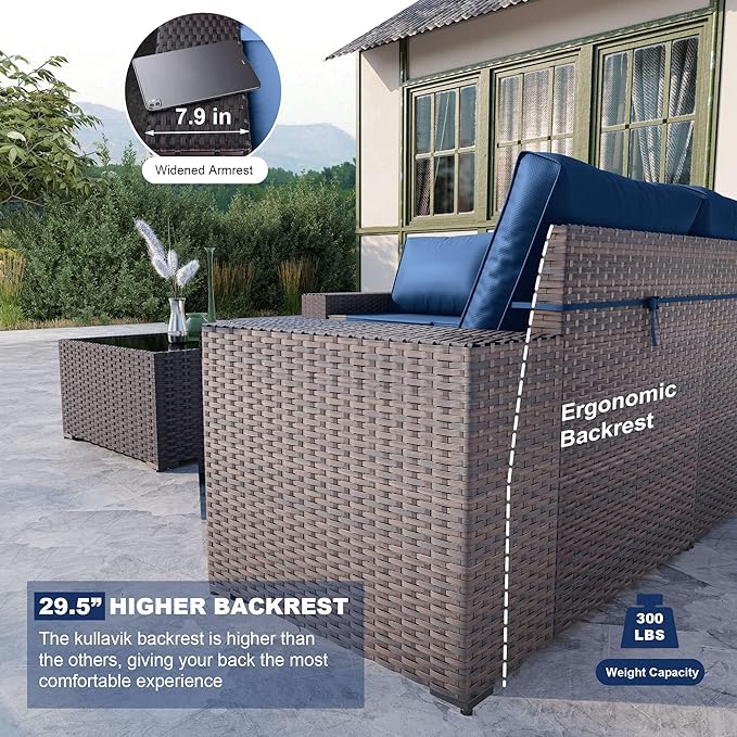Kullavik 9 Pieces Outdoor Patio Furniture Set,PE Wicker Rattan Sectional Sofa Patio Conversation Sets with Swivel Rocking Chairs Set,Navy Blue