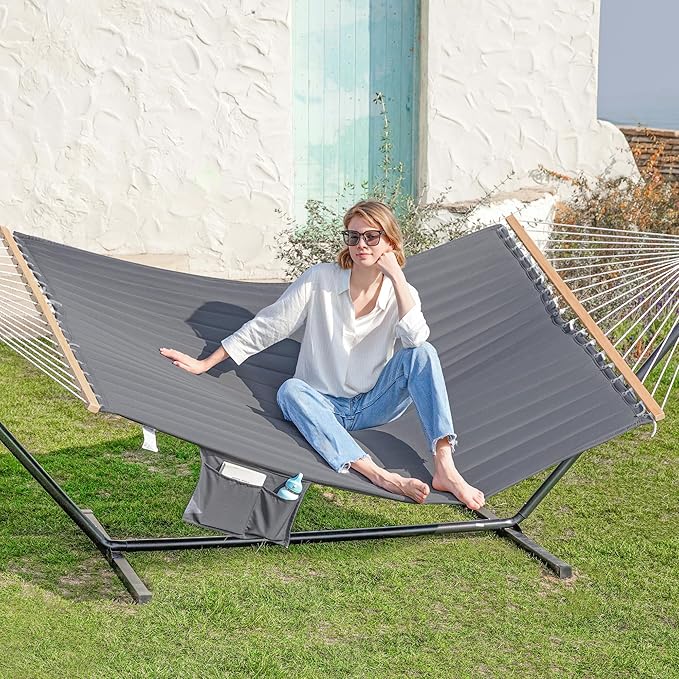2 Person Hammocks for Outside, Double Quilted Fabric Outdoor Hammock with Spreader Bar, Large Removable Pillow, Storage Pockets, Carabiners, Max 475 lbs Capacity (Dark Grey)