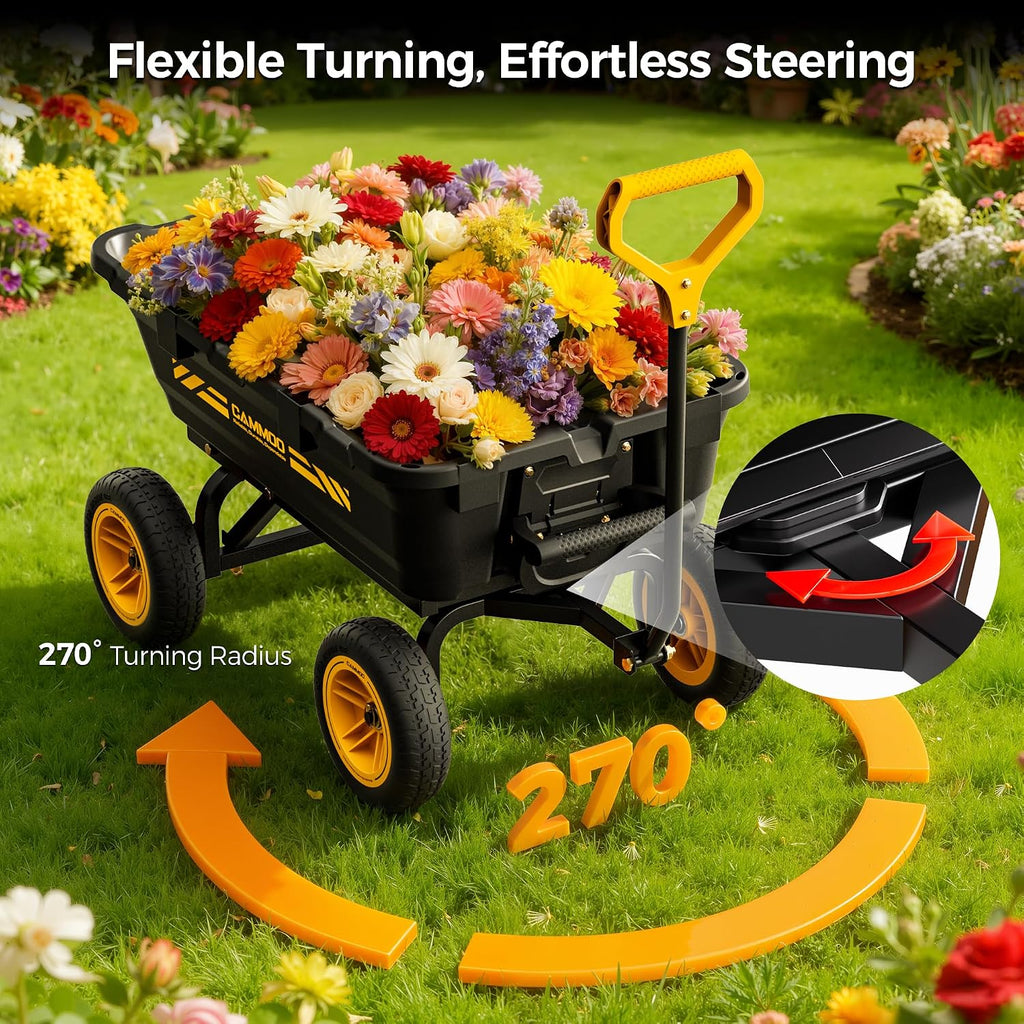 cammoo 10-in no-flat tires 900lb garden dump cart, front angle view