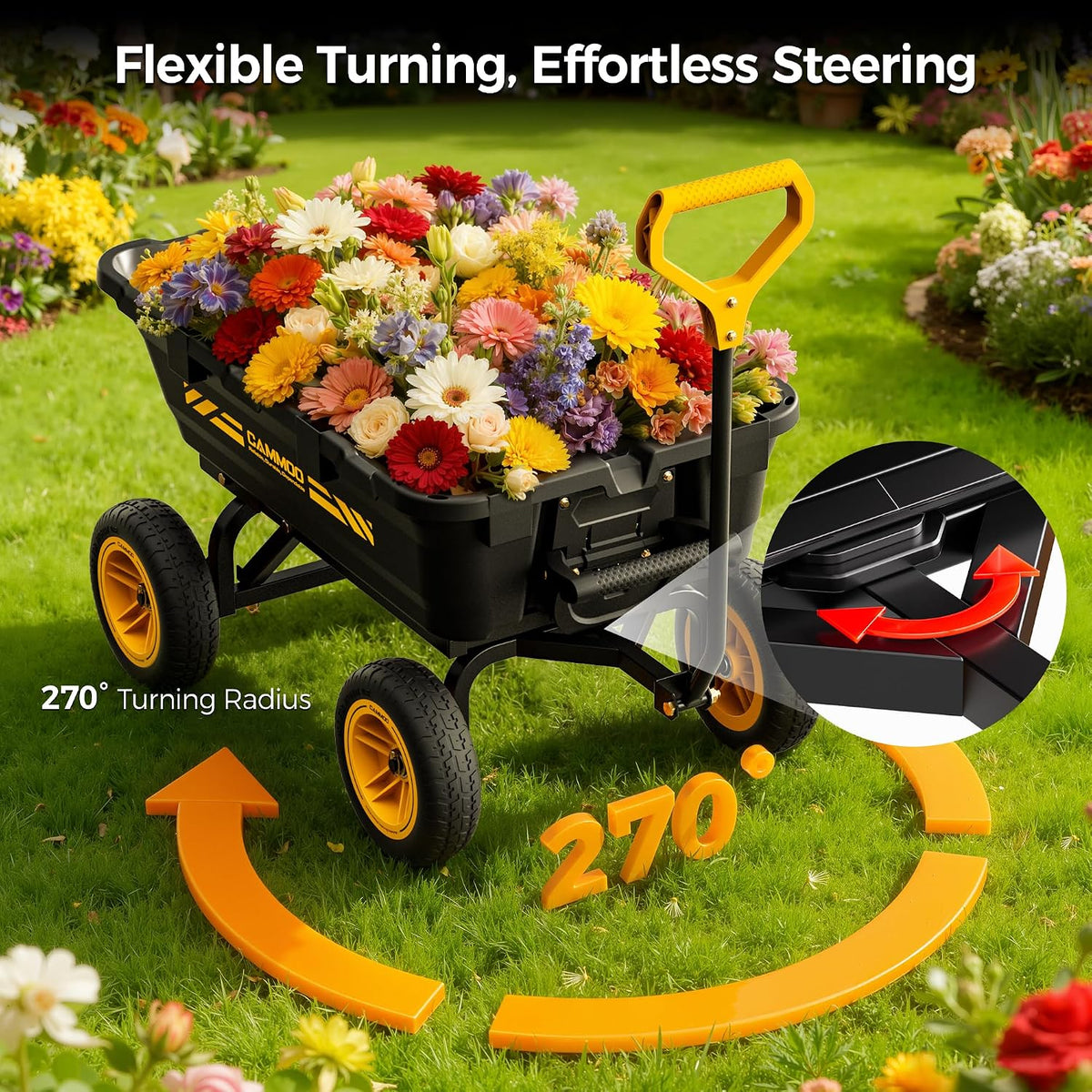 cammoo 10-in no-flat tires 900lb garden dump cart, front angle view