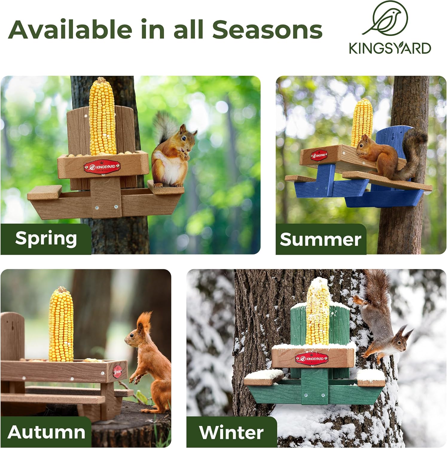 Kingsyard Squirrel Feeder Table for Outside, Recycled Plastic Squirrel & Chipmunk Picnic Table Feeder with Corn Cob Holder, 2 x Solid Structure Benches, Easy to Clean (Brown) | WPC Composite Squirrel & Chipmunk Picnic Table Feeder with Corn Cob Holder, 2