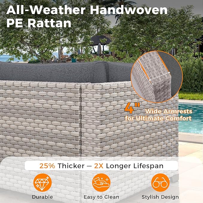 10-Seat Modern Patio Furniture Set with Swivel Rocking Chairs, Thick 4″ Cushions, Dual-Strand Wicker Rattan, Rust-Resistant Steel Frame – Outdoor Conversation & Modular Sectional,Black