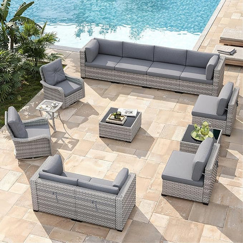 10-Seat Modern Patio Furniture Set with Swivel Rocking Chairs, Thick 4″ Cushions, Dual-Strand Wicker Rattan, Rust-Resistant Steel Frame – Outdoor Conversation & Modular Sectional,Gray