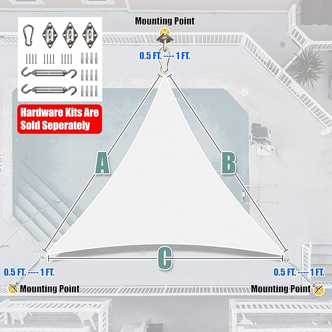 Amgo Custom Size 9' x 9' x 9' White Triangle Sun Shade Sail Order to Make Canopy Awning UPF50+ AGSLT, 95% UV Blockage, Water & Air Permeable, 200GSM Commercial Standard (We Customize)