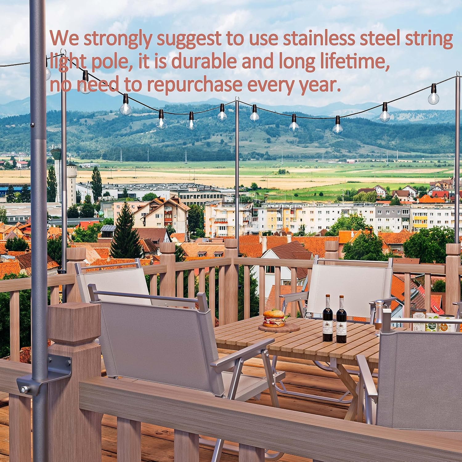2 Pack 6.5 FT Stainless Steel String Lights Pole Bracket/Holder for Deck Railing Wood Posts, Black