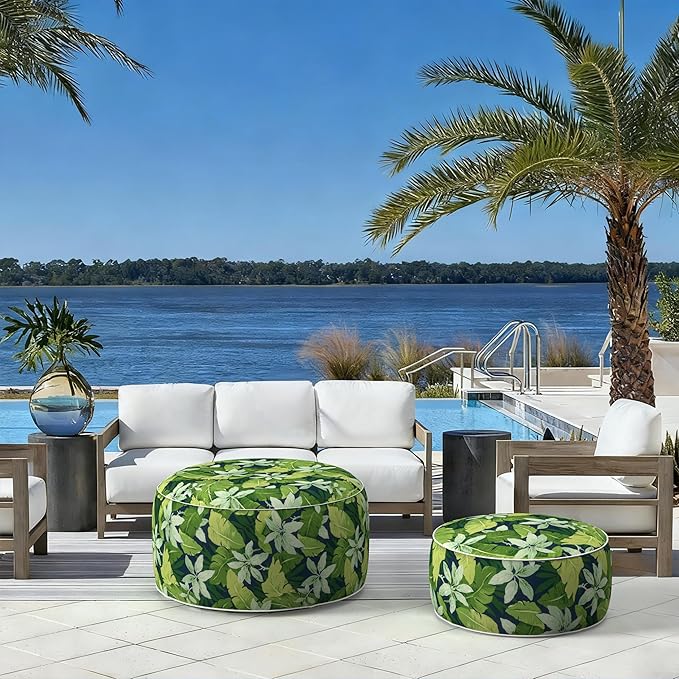 LVTXIII Indoor/Outdoor Extra Large Inflatable Ottoman Pouf D31 x H14 Inch, Round Footstool with Handle, Weather-Resistant Portable Furniture for Patio, Camping, Beach, Jungle Leaves
