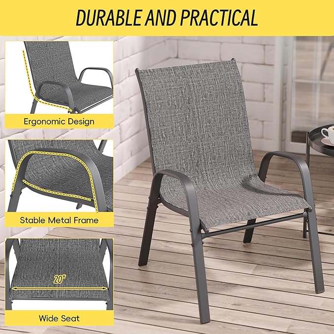 Betterhood Patio Chairs Set of 4, Stackable Outdoor Dining Chairs Set with Breathable Seat Fabric, All-Weather Powder-Coated Metal Frame for Deck, Pool Side and Backyard, 350LBS Capacity (Grey)