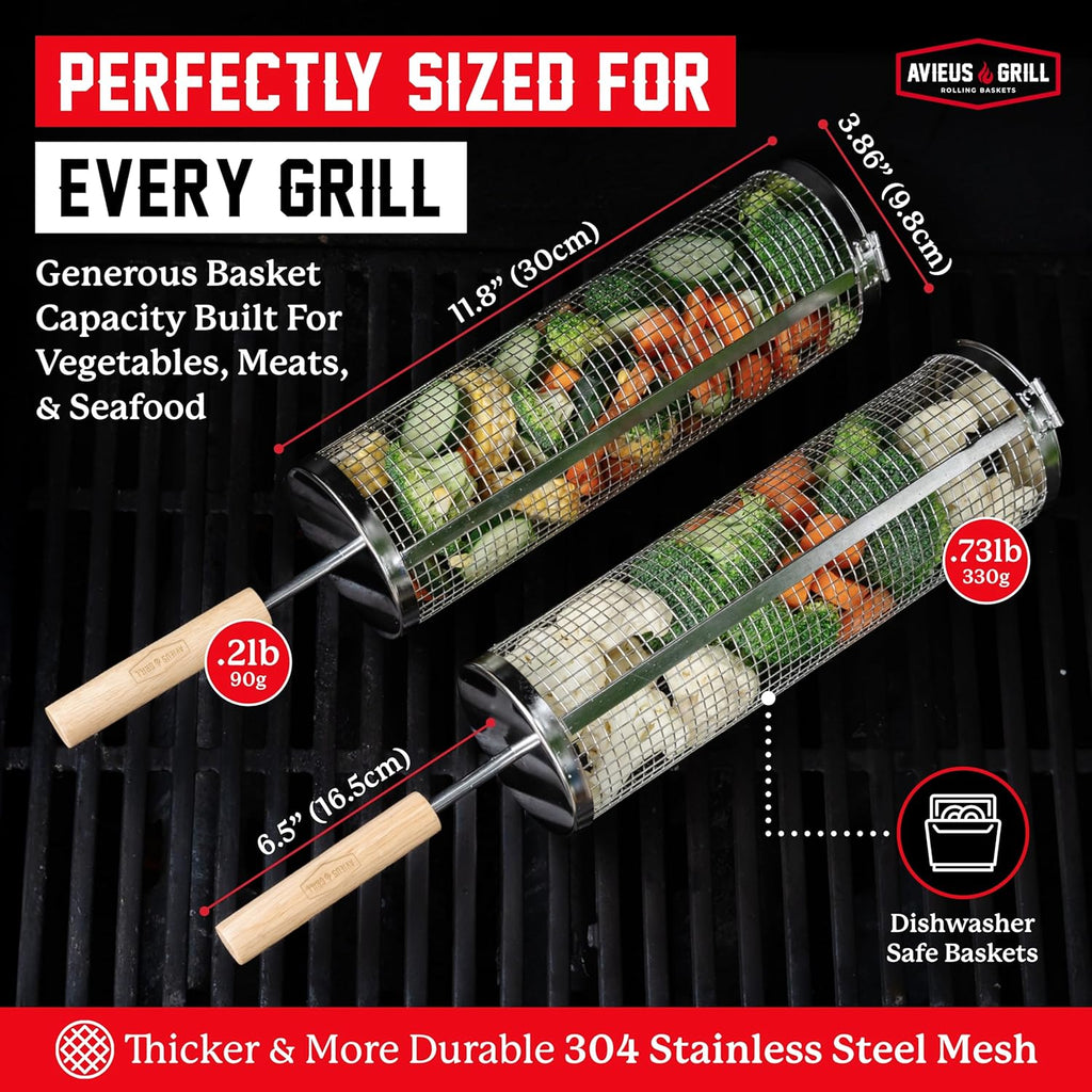 AVIEUS Grill Rolling Grill Basket | Rolling Grilling Baskets for Outdoor Grilling 2 Pcs | Barbecue Grill Set with BBQ Gloves | Portable Camping Net Rack Perfect for Vegetables, Seafood & Meat