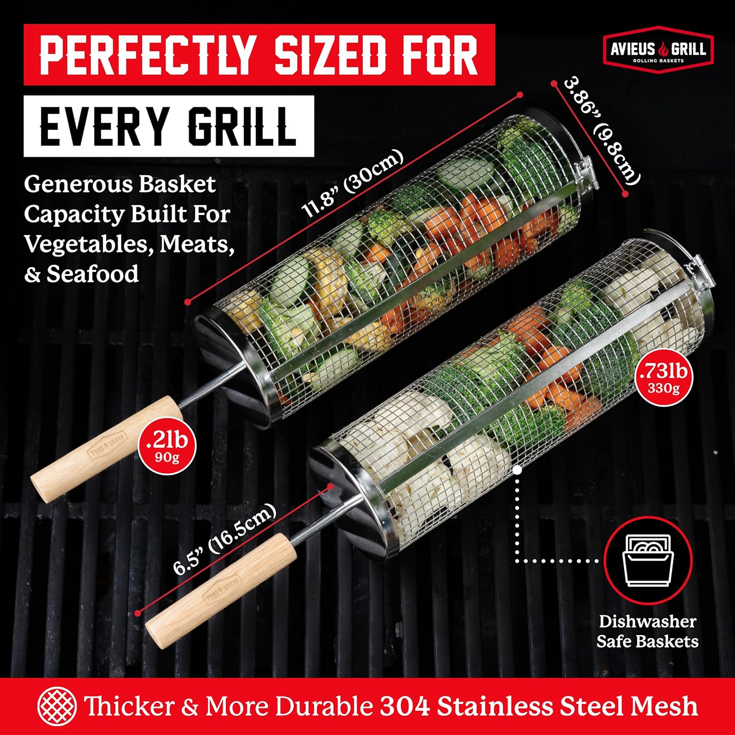 AVIEUS Grill Rolling Grill Basket | Rolling Grilling Baskets for Outdoor Grilling 2 Pcs | Barbecue Grill Set with BBQ Gloves | Portable Camping Net Rack Perfect for Vegetables, Seafood & Meat