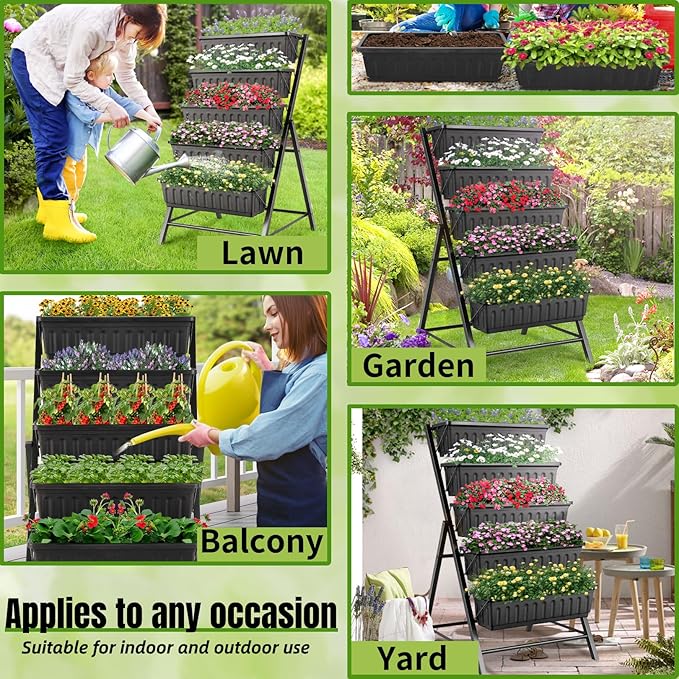 Homdox 4FT Vertical Garden Bed, 5 Tiers Raised Garden Planter, 25.6 * 26 * 48Inch with 4 Hooks & 4 Wheels, Vegetable Flower Stand for Garden Patio Yard, Black