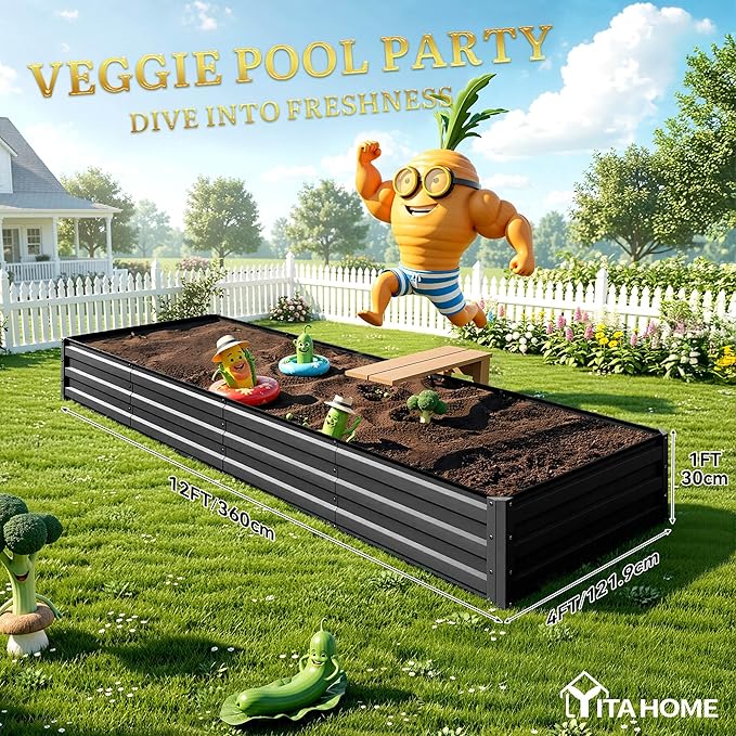 YITAHOME 6pcs 12x4x1 ft Galvanized Raised Garden Bed Kit, Large Metal Planter Box with Gloves, Safety Rubber & Support Rod, Outdoor Flower Bed for Plants Vegetables, Black