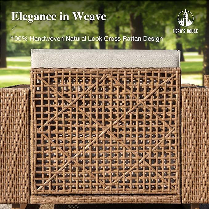 HERA'S HOUSE 6 Pieces Outdoor Rattan Furniture Set, 4 Sectional Patio Wicker Sofa with 2 Ottomans, All Weather Patio Conversation Set with 5.3" Comfy Widened Armrest, 10" Ultra Thick Cushion for Deck