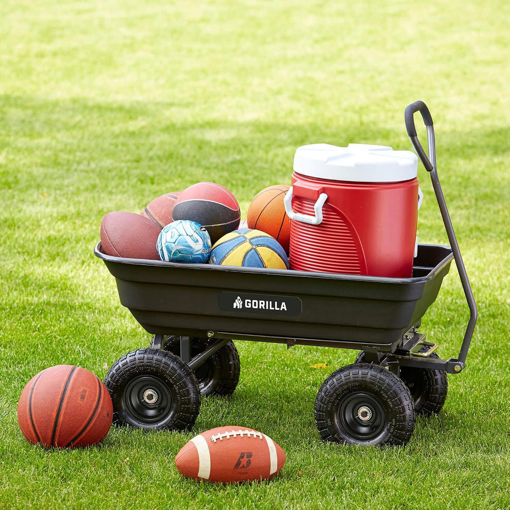gorilla carts poly dump cart, 600 lb. capacity showing dimensions