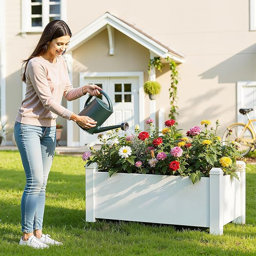 14 Gallon Raised Garden Bed, Self-Watering Raised Planter Box with Drainage Plug & Gauge for Vegetables Flowers Herbs Succulents, Rustproof Resin for Backyard Patio Porch (Ashen)